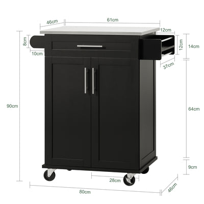 SoBuy FKW110-SCH, Kitchen Cabinet Kitchen Storage Trolley Cart with Stainless Steel Worktop, Black