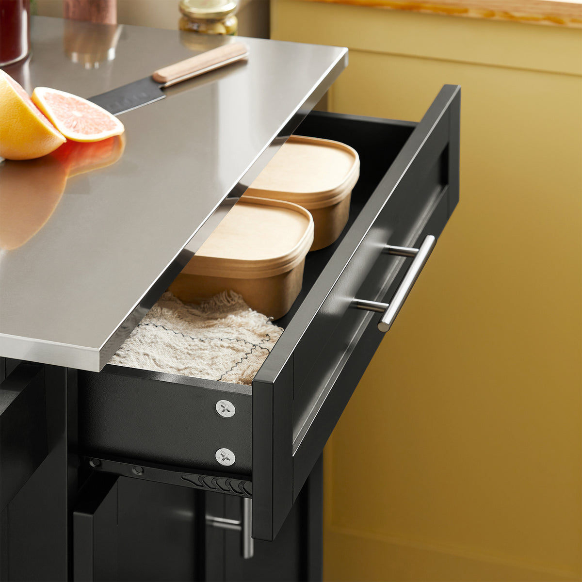 SoBuy FKW110-SCH, Kitchen Cabinet Kitchen Storage Trolley Cart with Stainless Steel Worktop, Black