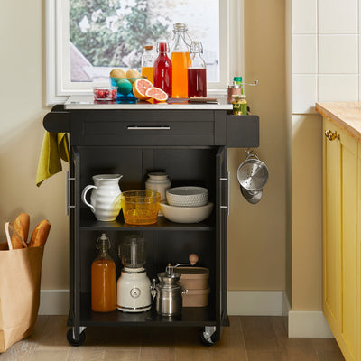 SoBuy FKW110-SCH, Kitchen Cabinet Kitchen Storage Trolley Cart with Stainless Steel Worktop, Black