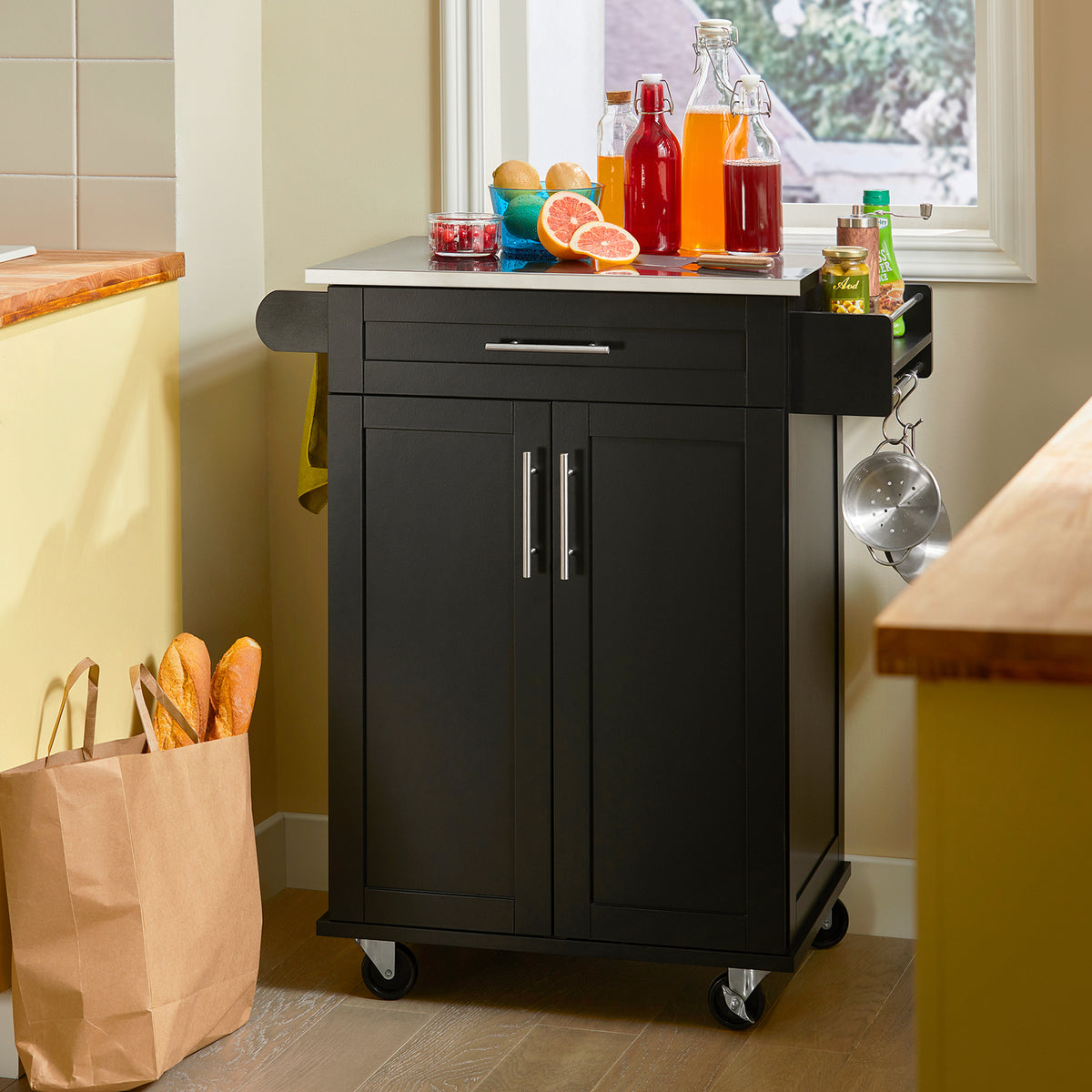 Pre-sale SoBuy FKW110-SCH, Kitchen Cabinet Kitchen Storage Trolley Cart with Stainless Steel Worktop, Black