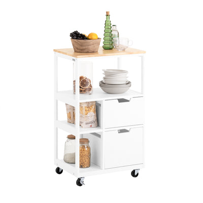 SoBuy FKW111-WN white kitchen trolley on wheels with rubber wood worktop 2 drawers and 3 shelves – white background