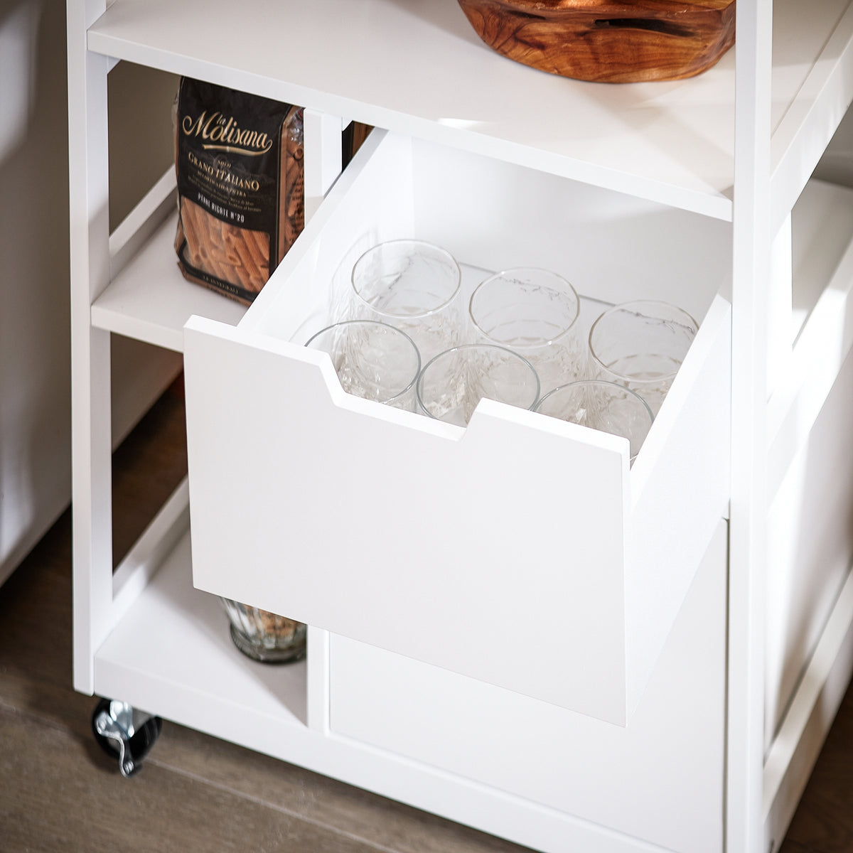 SoBuy FKW111-WN drawer interior close-up – cutlery and utensil storage on white natural wood kitchen trolley