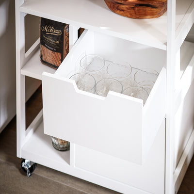 SoBuy FKW111-WN drawer interior close-up – cutlery and utensil storage on white natural wood kitchen trolley