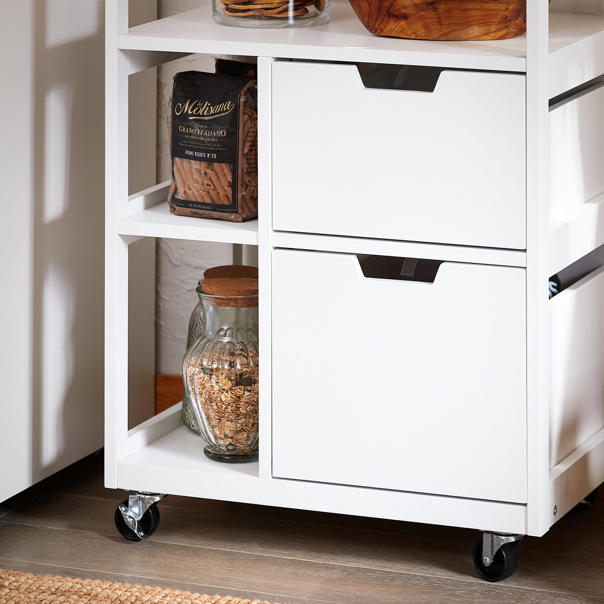 SoBuy FKW111-WN natural rubber wood worktop grain close-up – durable moisture-resistant surface on white kitchen trolley