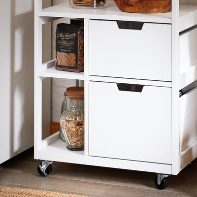 SoBuy FKW111-WN natural rubber wood worktop grain close-up – durable moisture-resistant surface on white kitchen trolley