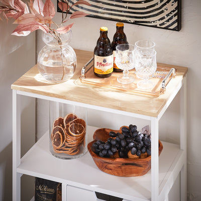 SoBuy FKW111-WN open shelf close-up – storage for jars bottles and kitchen essentials on white rolling trolley