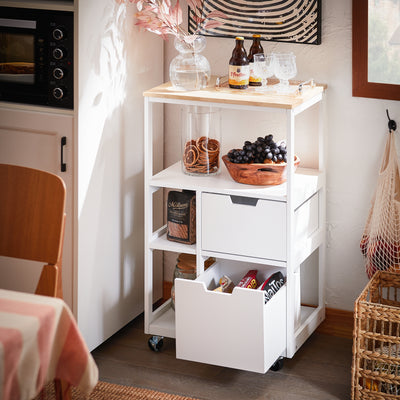 SoBuy FKW111-WN white and natural wood kitchen trolley on wheels in use as coffee station or prep station
