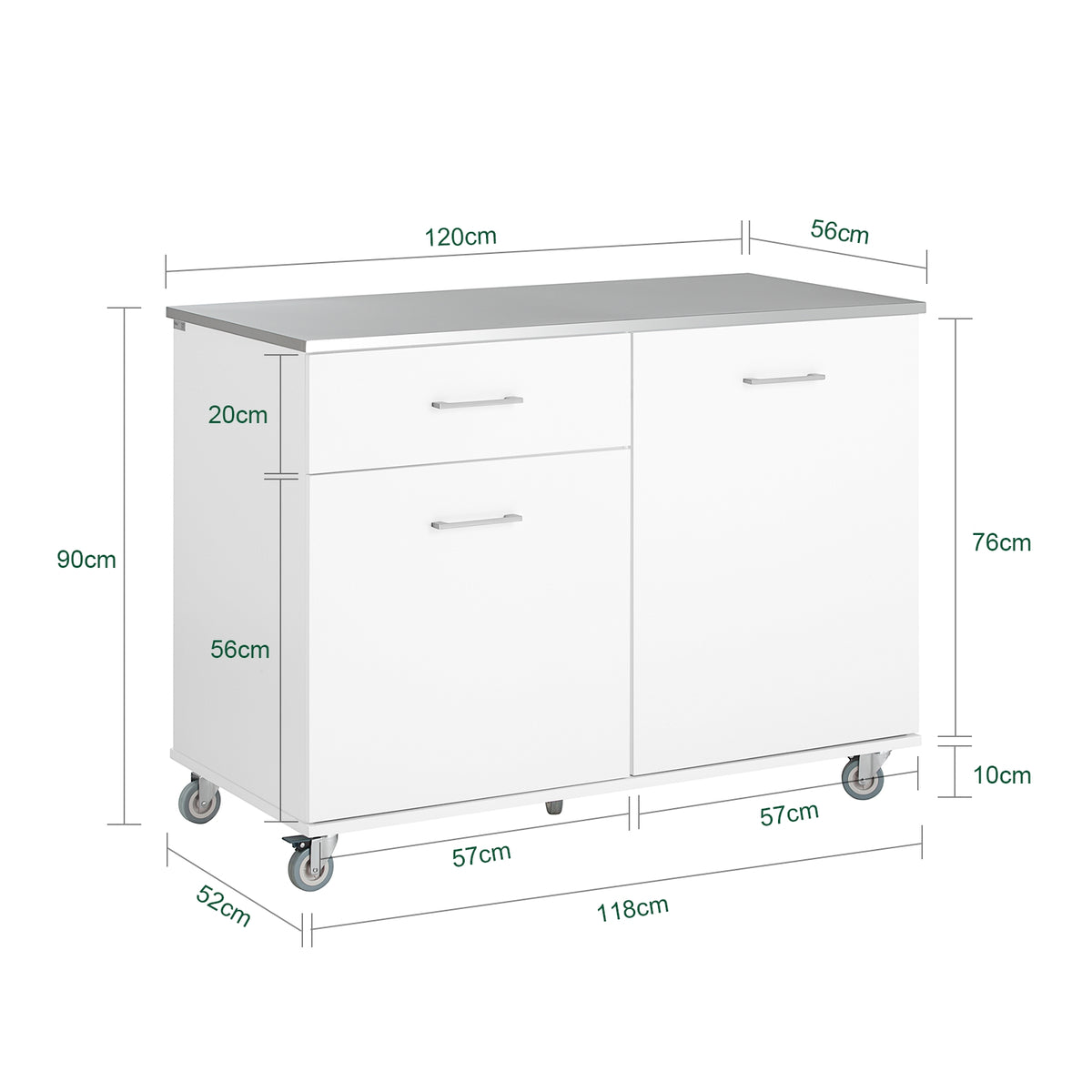 SoBuy FKW117-W dimensions diagram – W120×D56×H90cm white kitchen island on wheels 143kg load capacity