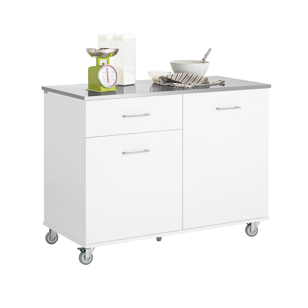 SoBuy FKW117-W white kitchen island on wheels with stainless steel worktop – white background product image