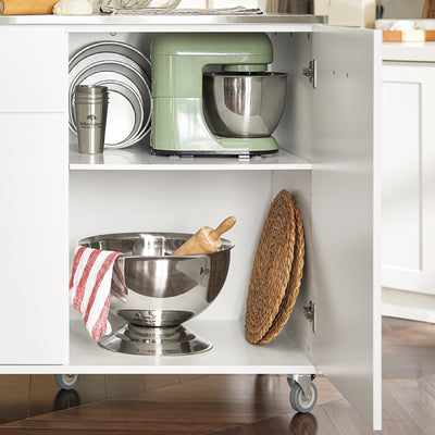 SoBuy FKW117-W cupboard interior with adjustable shelf close-up – enclosed storage on white rolling kitchen island