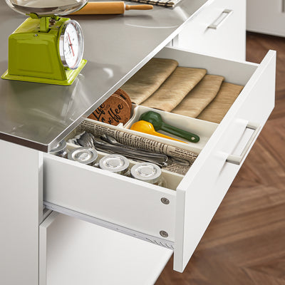 SoBuy FKW117-W spacious drawer interior close-up – kitchen utensil and cookware storage on white kitchen island