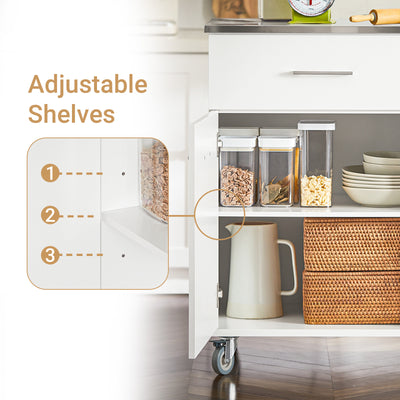 SoBuy FKW117-W height-adjustable cupboard shelf detail – flexible internal storage on white rolling kitchen island