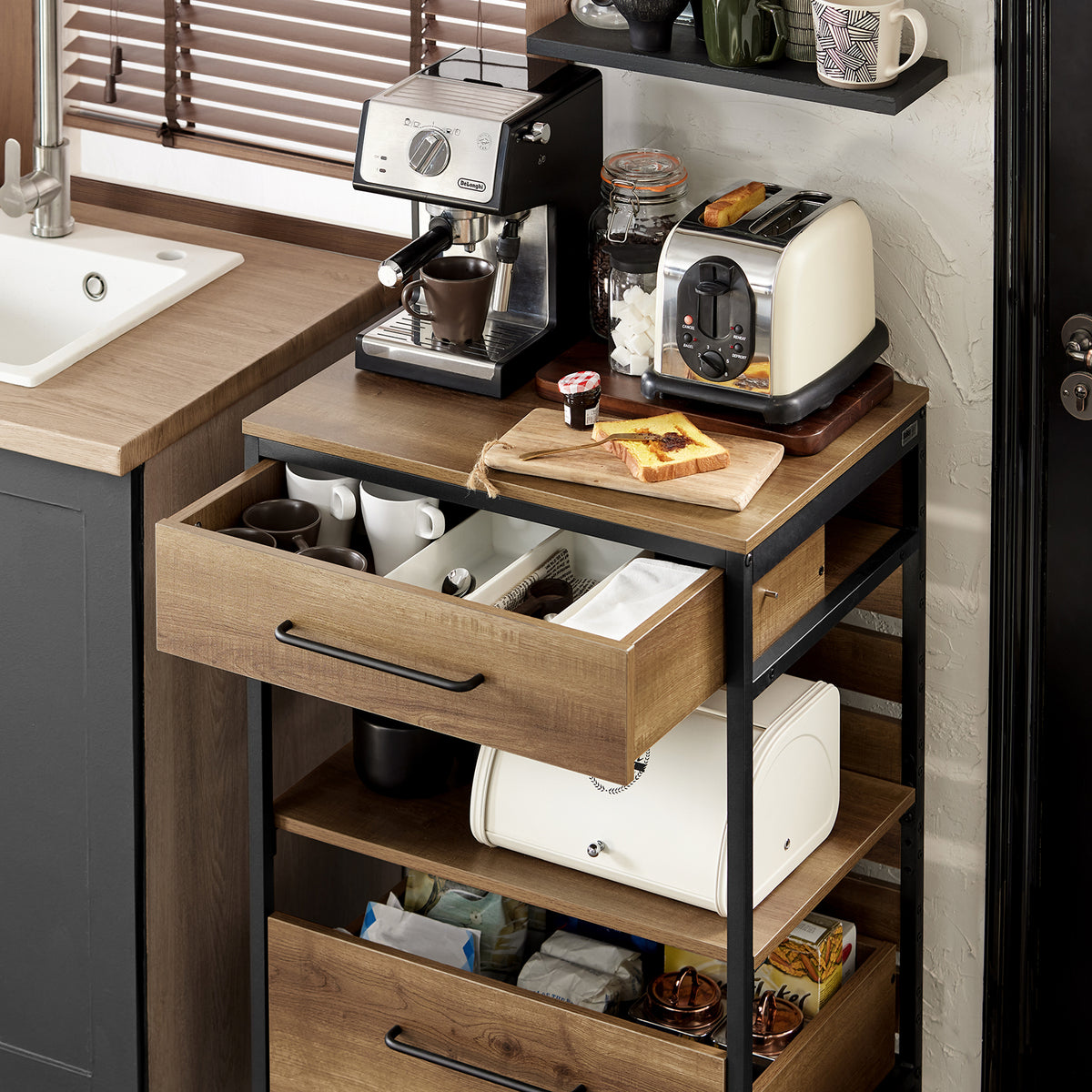 SoBuy FKW118-PF, Industrial Vintage Style Kitchen Trolley Cart Kitchen Storage Trolley Serving Trolley, Brown