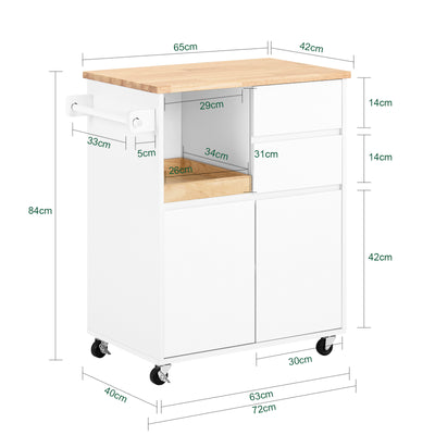 SoBuy FKW123-WN dimensions diagram – W72×D40×H84cm white kitchen trolley on wheels 76kg load capacity
