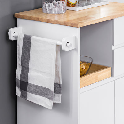 SoBuy FKW123-WN rubber wood worktop grain close-up – natural hardwood surface on white rolling kitchen trolley
