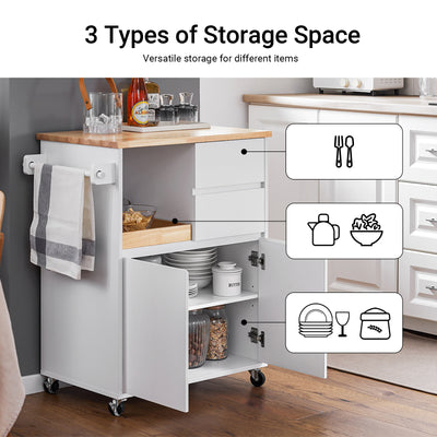SoBuy FKW123-WN white kitchen trolley full product overview – rubber wood worktop 2 drawers double cabinet sliding tray