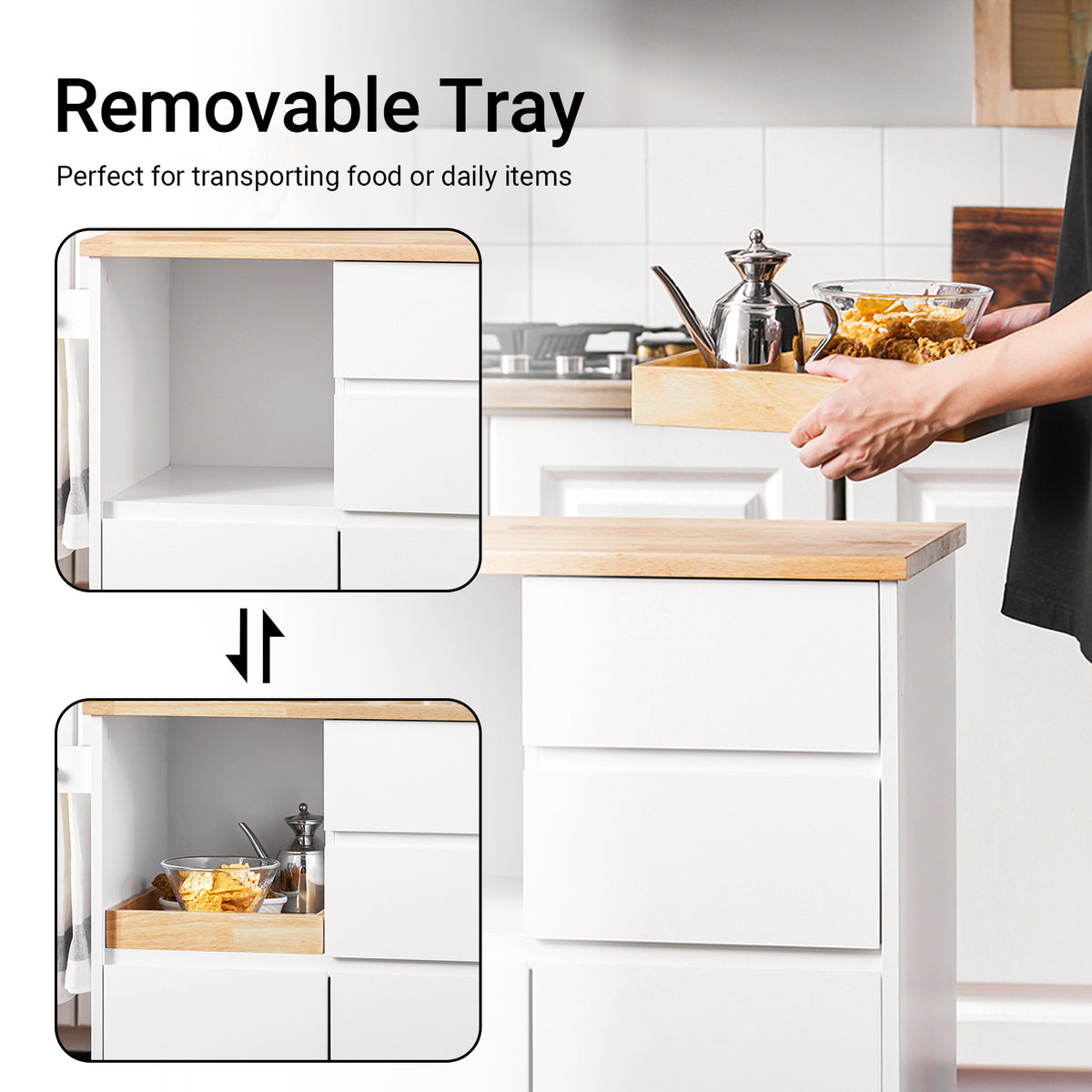 SoBuy FKW123-WN sliding mobile tray detail – pull-out tray for fruits and snacks on white rolling kitchen trolley