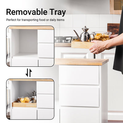 SoBuy FKW123-WN sliding mobile tray detail – pull-out tray for fruits and snacks on white rolling kitchen trolley