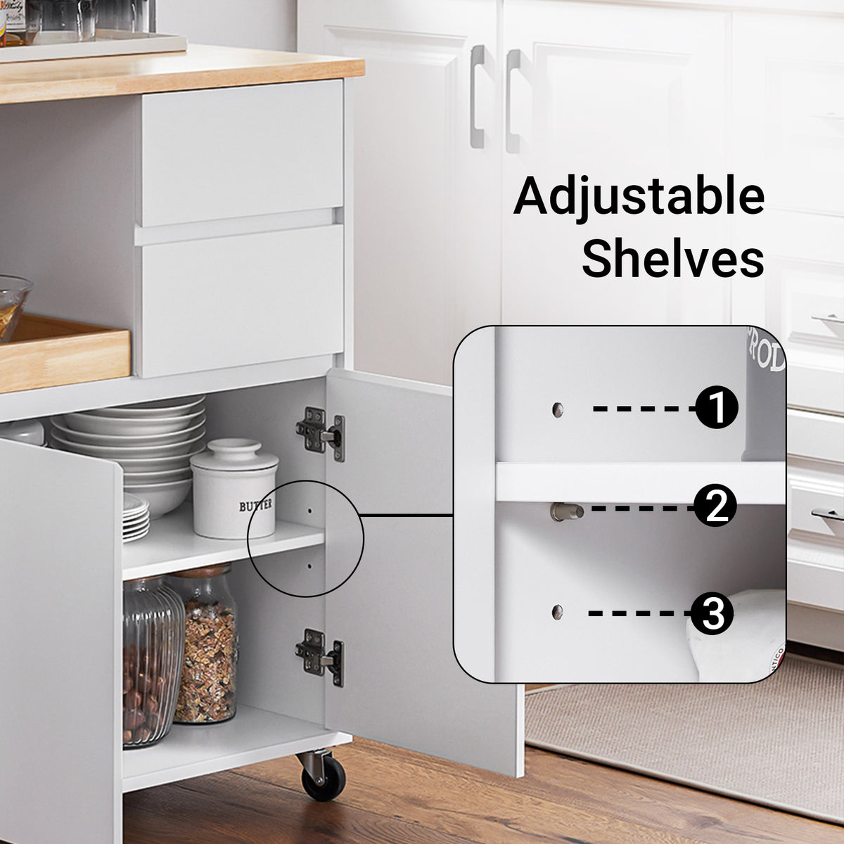 SoBuy FKW123-WN angled cut design detail – modern sleek finish on white rolling kitchen storage trolley