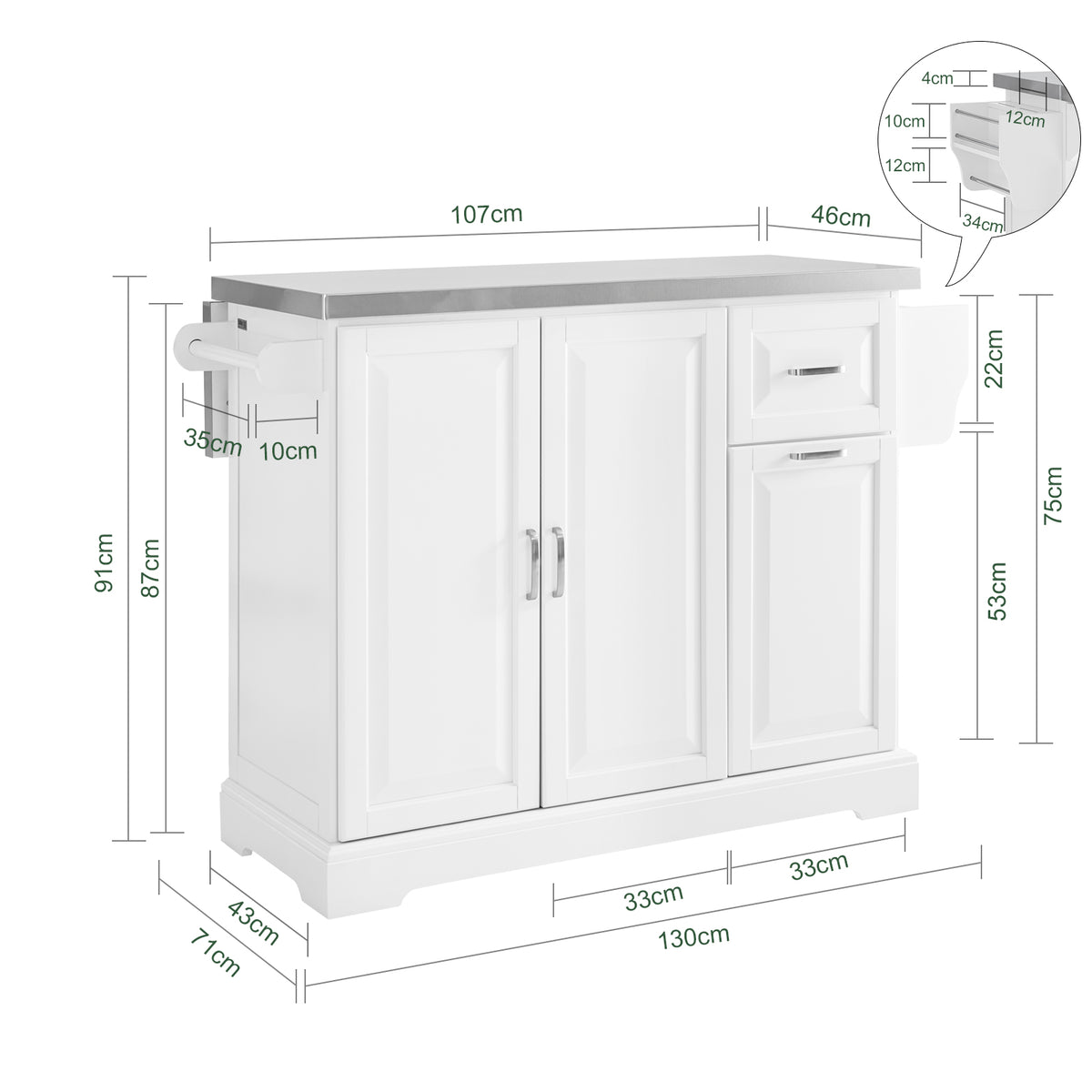 SoBuy FKW128-II-ST, Kitchen Island on Wheels Rolling Storage Trolley with Expandable Worktop Kitchen Storage Unit Cabinet Sideboard Perfect for Kitchen Organisation W130 x D46/71 x H91cm White