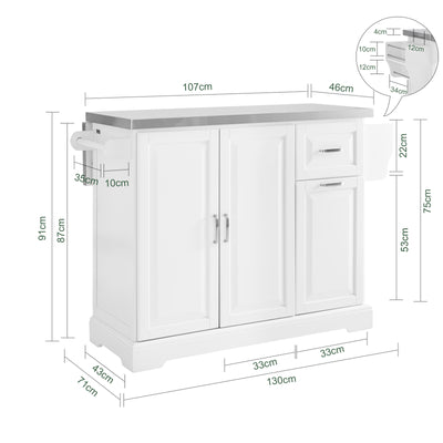 SoBuy FKW128-II-ST, Kitchen Island on Wheels Rolling Storage Trolley with Expandable Worktop Kitchen Storage Unit Cabinet Sideboard Perfect for Kitchen Organisation W130 x D46/71 x H91cm White