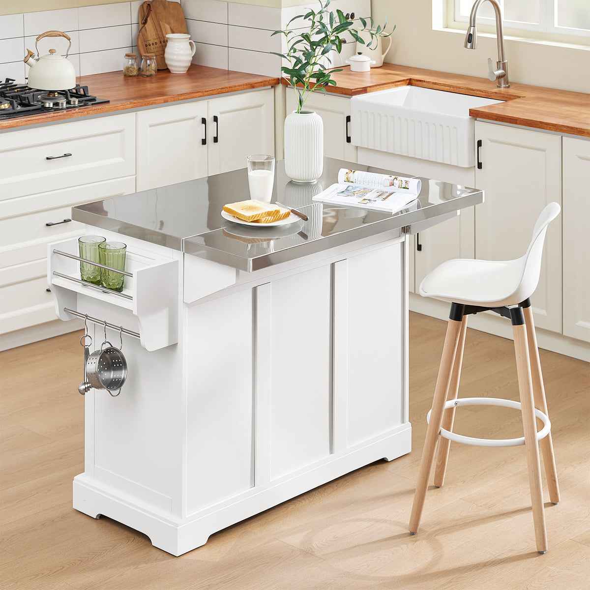 SoBuy FKW128-II-ST, Kitchen Island on Wheels Rolling Storage Trolley with Expandable Worktop Kitchen Storage Unit Cabinet Sideboard Perfect for Kitchen Organisation W130 x D46/71 x H91cm White