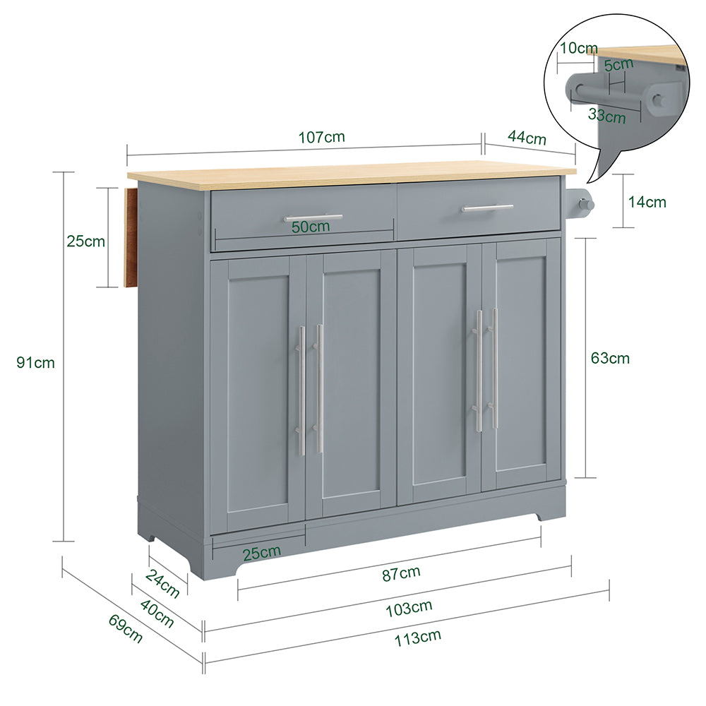 SoBuy FKW129-HG, Kitchen Island on Wheels with 2 Drawers & Foldable Shelf, Gray, 107x69x91cm - view 3