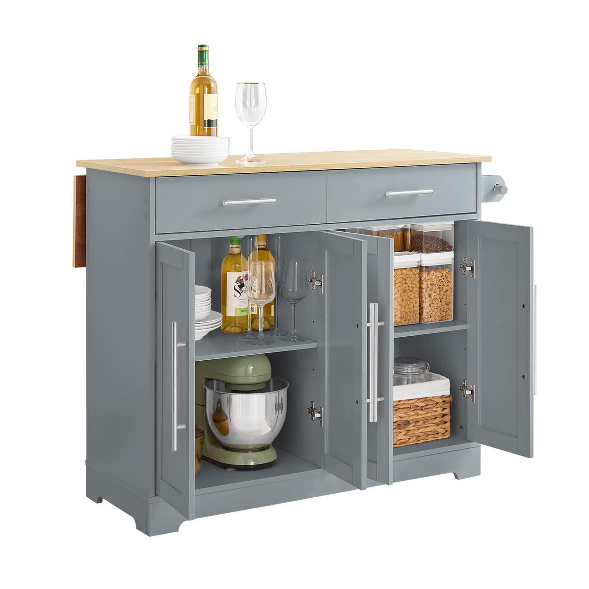 SoBuy FKW129-HG, Kitchen Island on Wheels with 2 Drawers & Foldable Shelf, Gray, 107x69x91cm