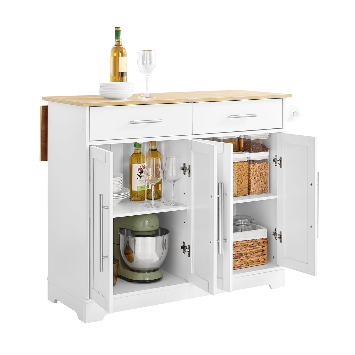 SoBuy FKW129-WN, Kitchen Island on Wheels Rolling Kitchen Storage Trolley with Extendable Rubber Wood Worktop, 2 Drawers and Adjustable Shelves for Dining Room, Breakfast Bar White 113x91x(44–69) cm