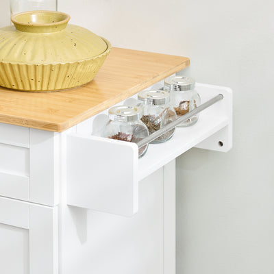 SoBuy FKW13-II-WN spice rack close-up – integrated condiment storage keeping worktop clear on white kitchen trolley