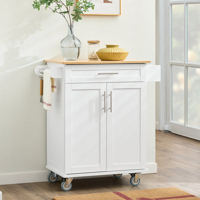 SoBuy FKW13-II-WN white kitchen trolley in use as compact kitchen island – carbonised bamboo worktop 83cm wide 60kg capacity