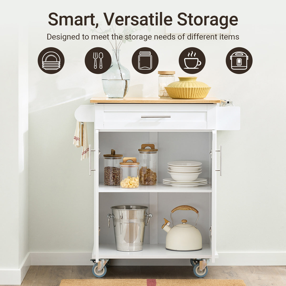 SoBuy FKW13-II-WN white kitchen trolley full overview – carbonised bamboo worktop drawer double cabinet spice rack and towel rail