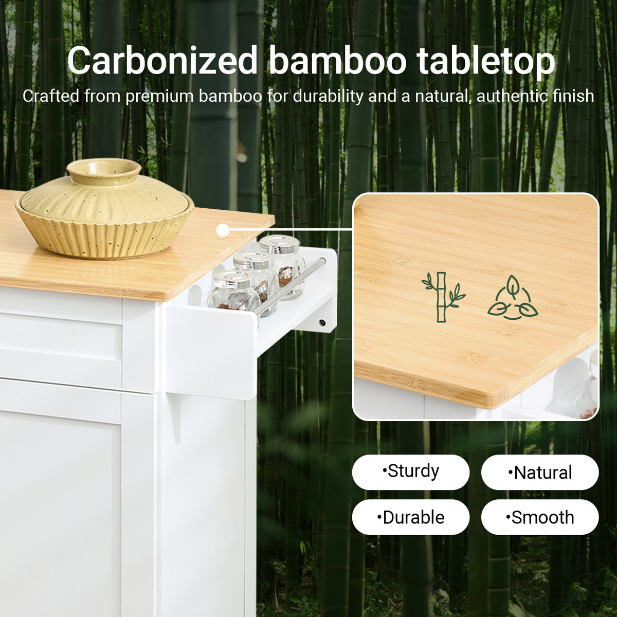 SoBuy FKW13-II-WN carbonised bamboo worktop close-up – hygienic water-repellent antibacterial surface on white kitchen trolley