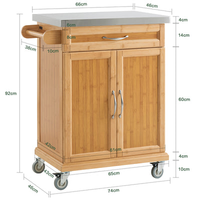 SoBuy FKW13-N dimensions diagram – W66×D46×H91cm bamboo kitchen trolley on wheels 80kg load capacity