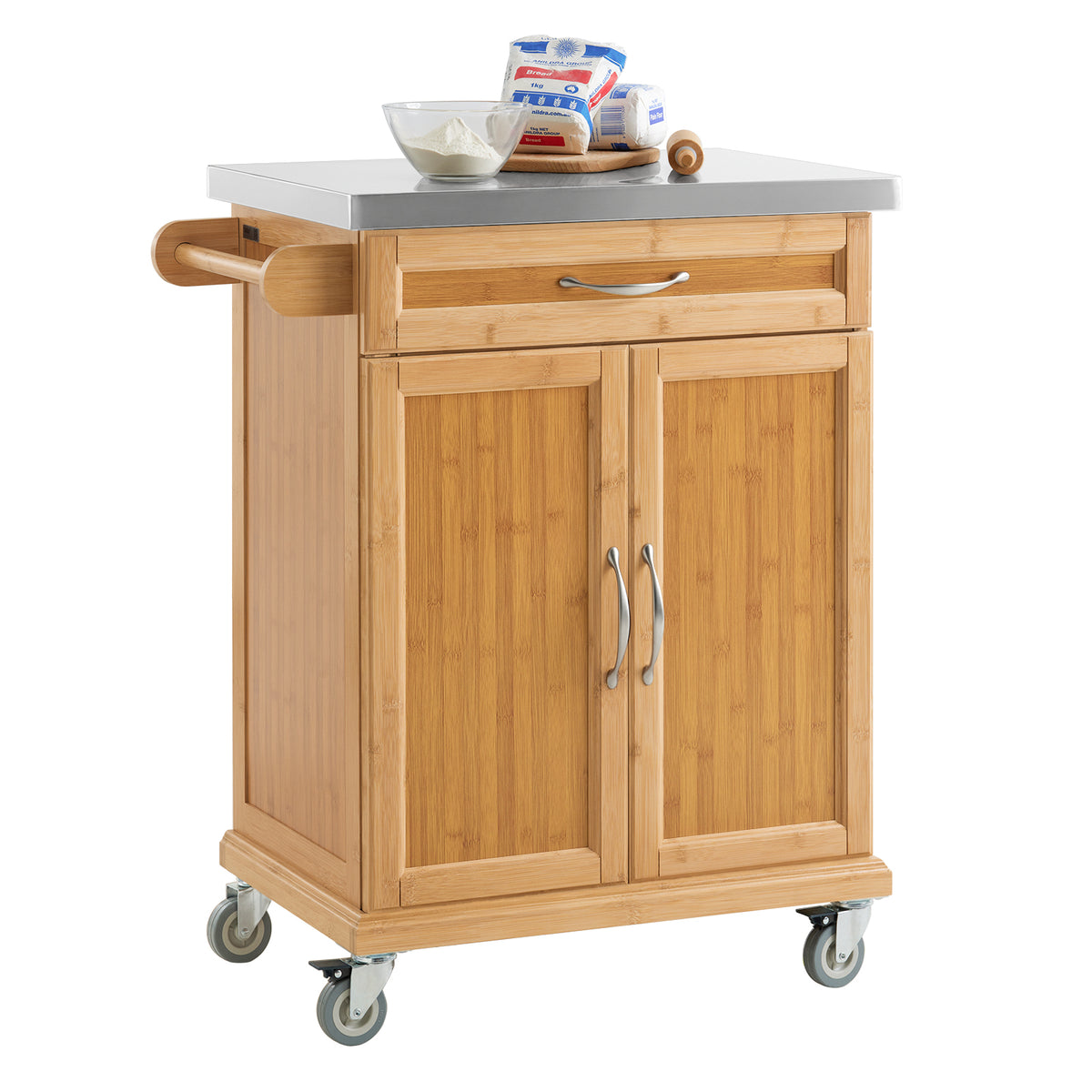 SoBuy FKW13-N kitchen trolley on wheels with stainless steel worktop bamboo frame 1 drawer and double cabinet – white background