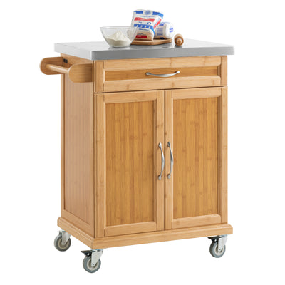 SoBuy FKW13-N kitchen trolley on wheels with stainless steel worktop bamboo frame 1 drawer and double cabinet – white background