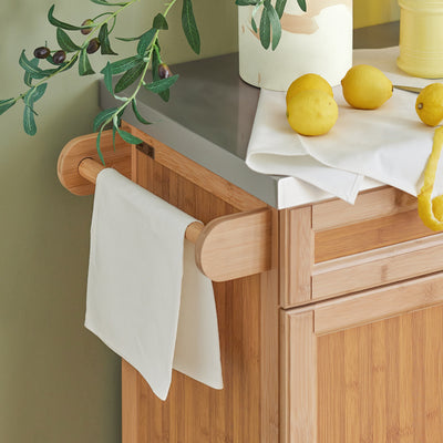 SoBuy FKW13-N 2-in-1 push handle and towel rack close-up – dual function mobility and storage on bamboo kitchen trolley