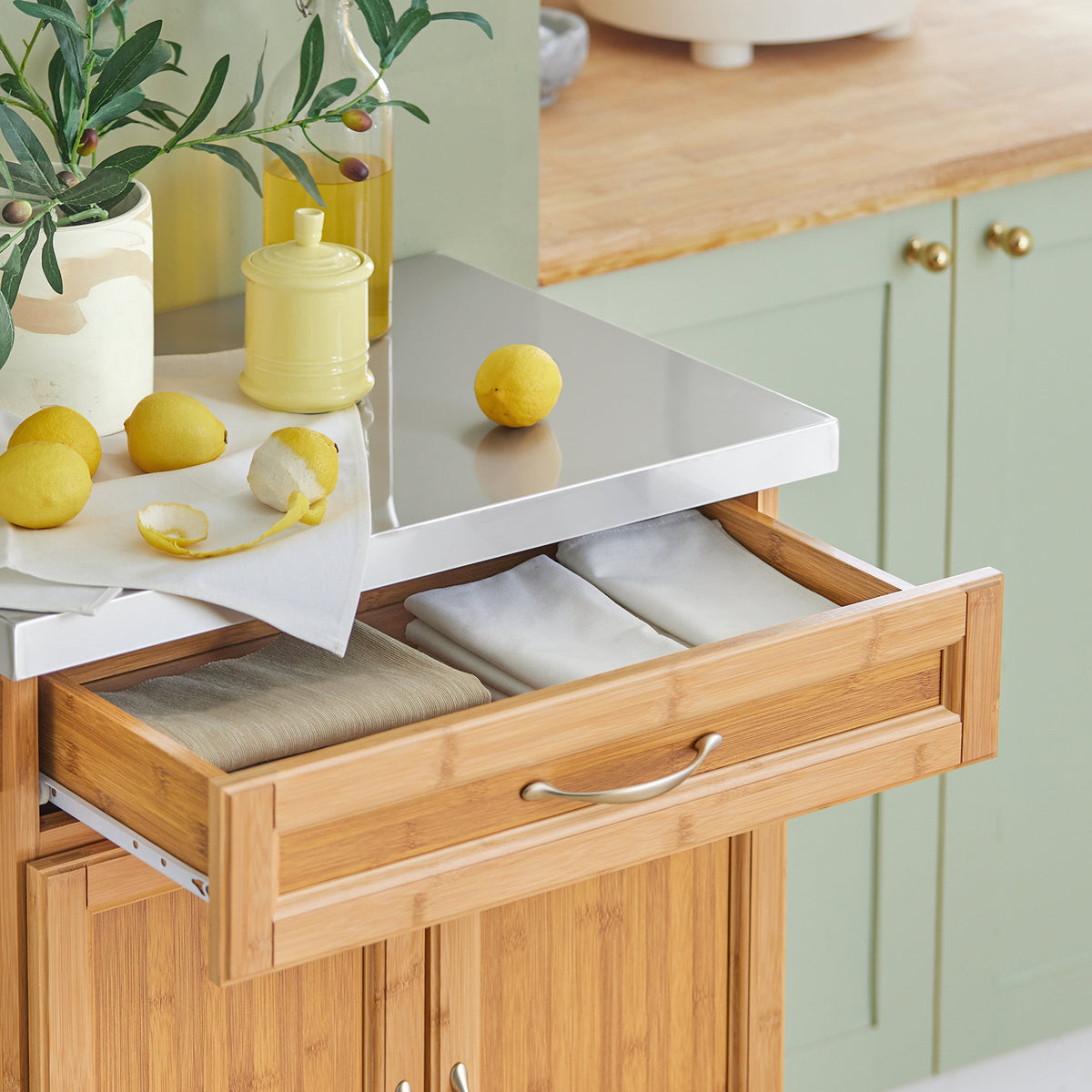 SoBuy FKW13-N drawer interior close-up – cutlery and utensil storage on bamboo stainless steel kitchen trolley