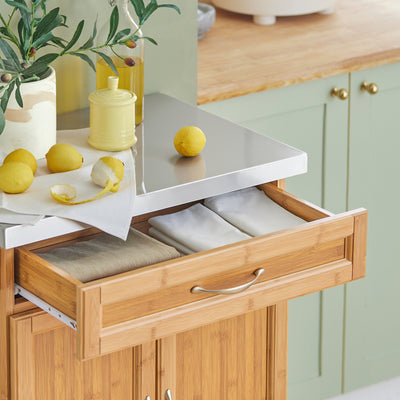 SoBuy FKW13-N drawer interior close-up – cutlery and utensil storage on bamboo stainless steel kitchen trolley