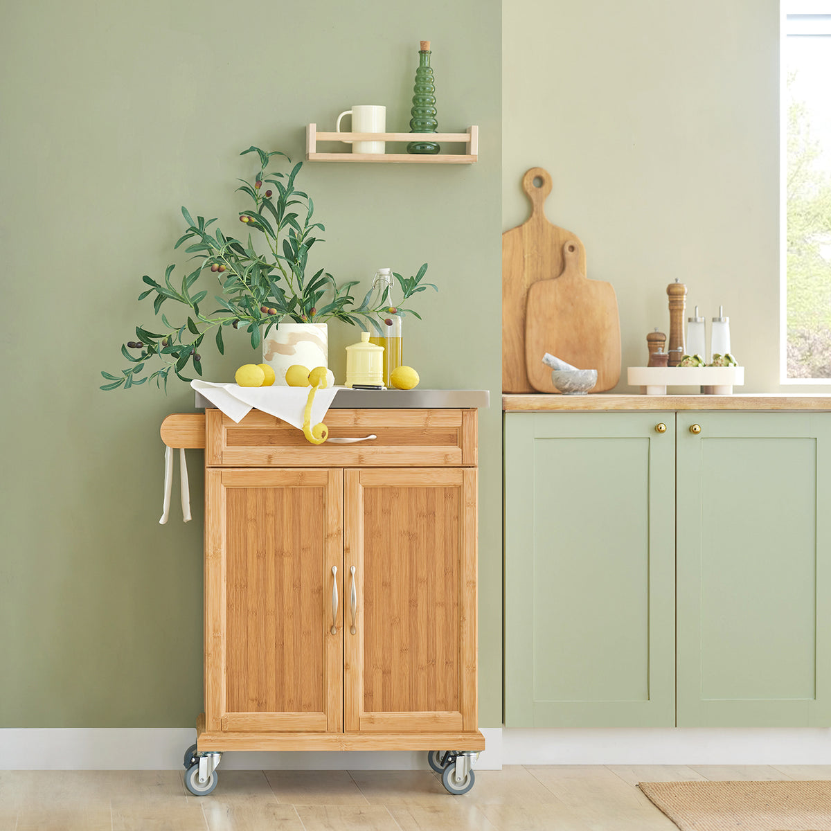 SoBuy FKW13-N bamboo kitchen trolley in kitchen setting – stainless steel worktop drawer double cabinet and 4 swivel castors