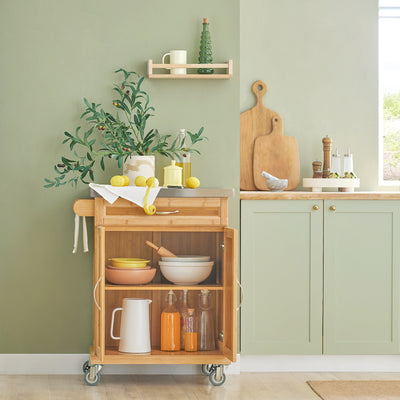 SoBuy FKW13-N rolling kitchen trolley in use as mobile kitchen island – bamboo frame stainless steel worktop 80kg capacity