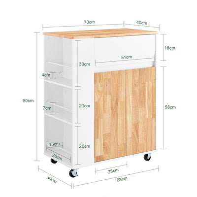 SoBuy FKW132-WN, Rolling Kitchen Storage Islands & Carts Kitchen Storage Trolley with Rubberwood Worktop, FreeStanding Units for Dining Room, Coffee Station, or Small Spaces W70 x D40 x H90 cm White