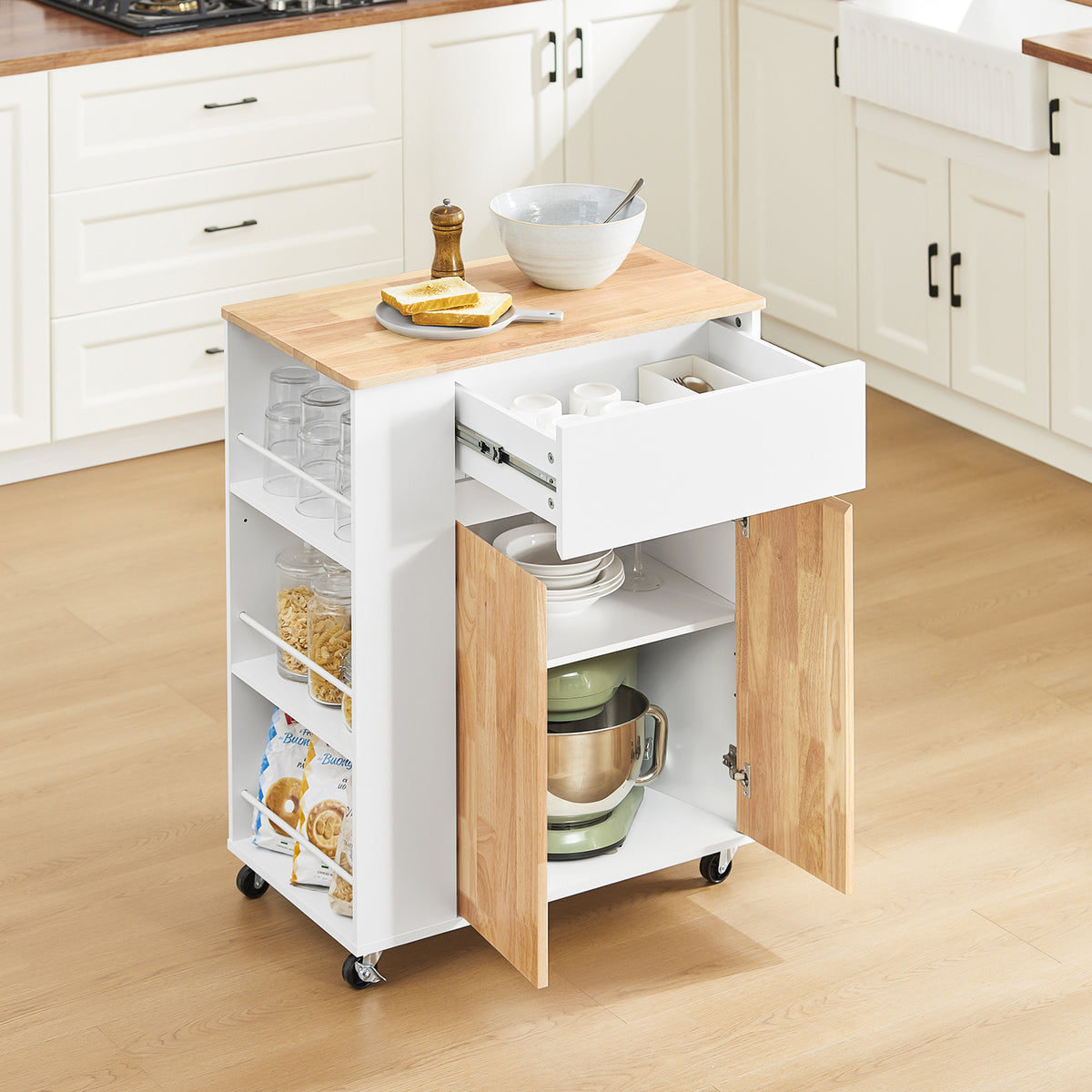 SoBuy FKW132-WN, Rolling Kitchen Storage Islands & Carts Kitchen Storage Trolley with Rubberwood Worktop, FreeStanding Units for Dining Room, Coffee Station, or Small Spaces W70 x D40 x H90 cm White