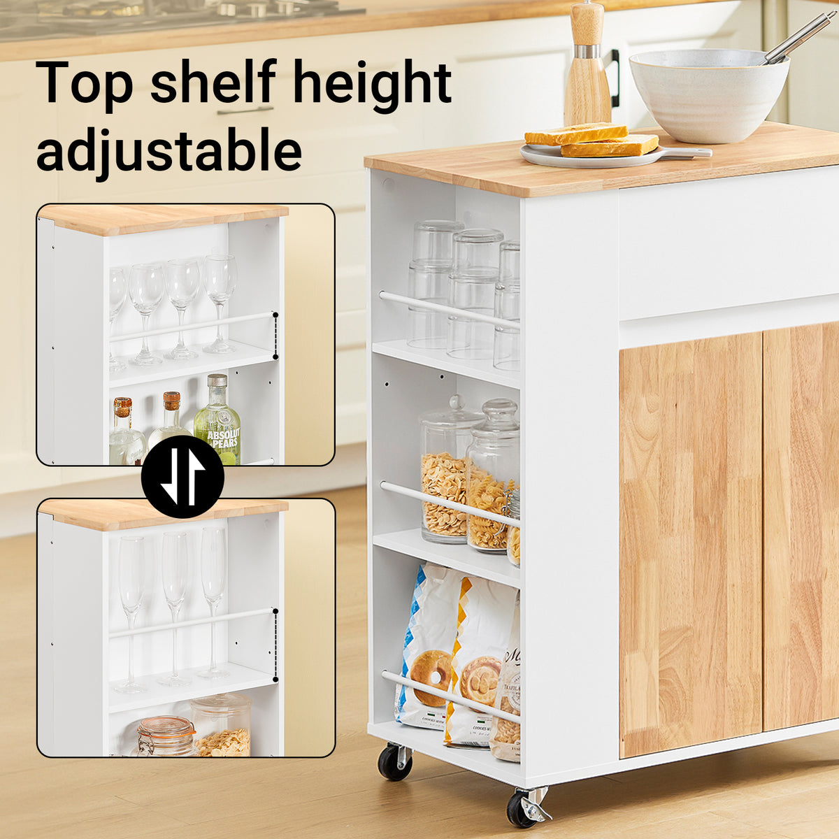 SoBuy FKW132-WN, Rolling Kitchen Storage Islands & Carts Kitchen Storage Trolley with Rubberwood Worktop, FreeStanding Units for Dining Room, Coffee Station, or Small Spaces W70 x D40 x H90 cm White