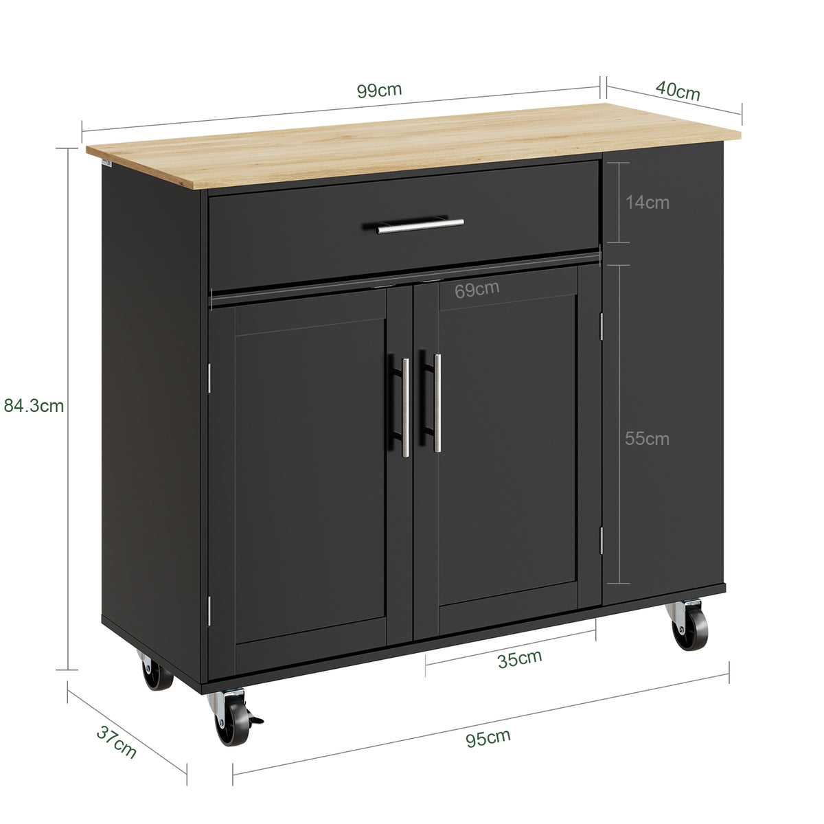 SoBuy FKW133-SCH, Kitchen Island on Wheels with Adjustable Shelf & 3-Tier Side Rack, Black, W99 x D40 x H85cm