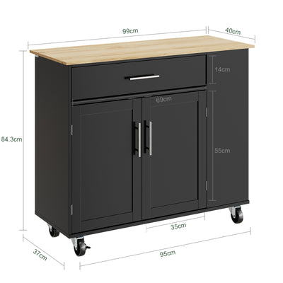 SoBuy FKW133-SCH, Kitchen Island on Wheels with Adjustable Shelf & 3-Tier Side Rack, Black, W99 x D40 x H85cm