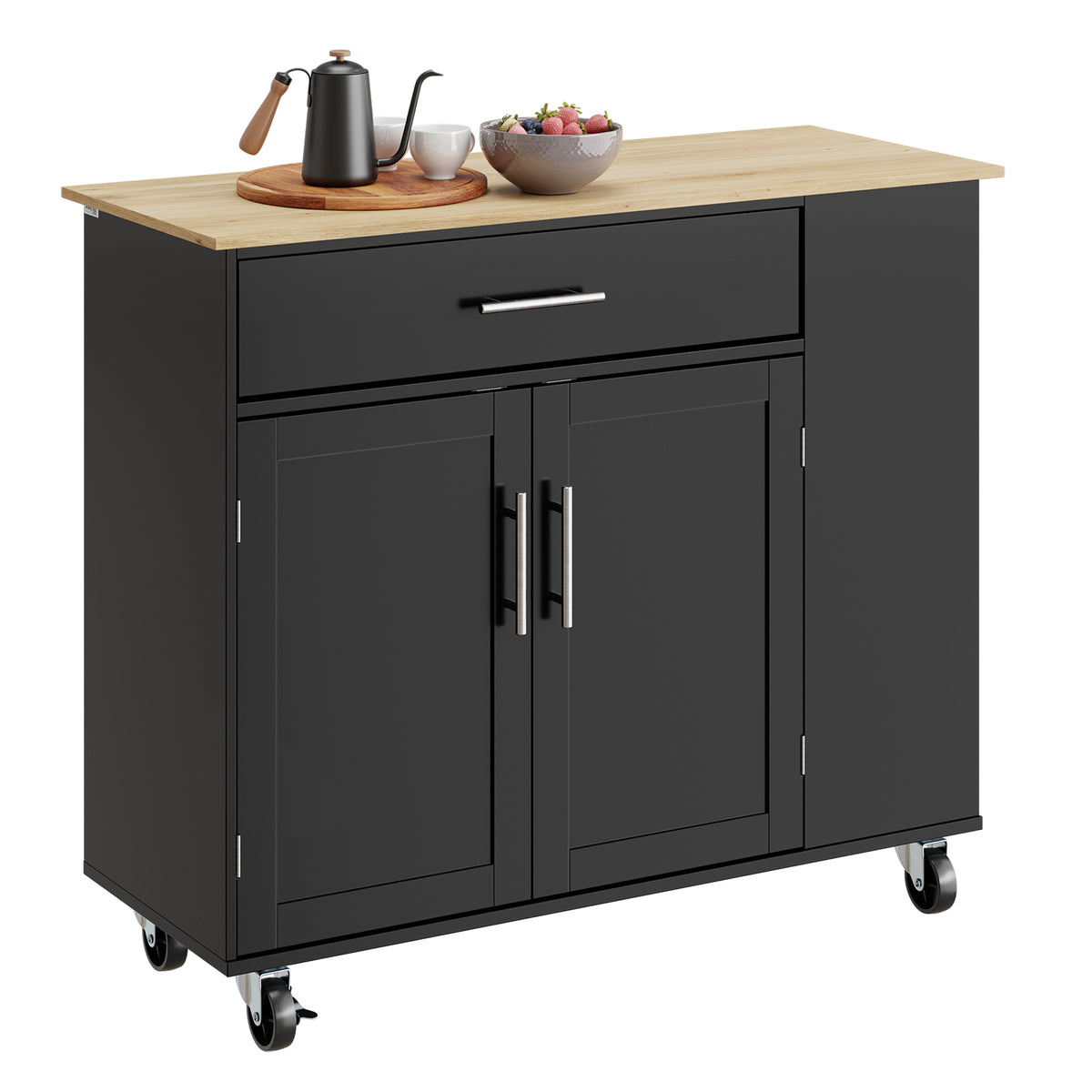SoBuy FKW133-SCH, Kitchen Island on Wheels with Adjustable Shelf & 3-Tier Side Rack, Black, W99 x D40 x H85cm