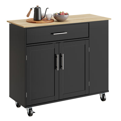 SoBuy FKW133-SCH, Kitchen Island on Wheels with Adjustable Shelf & 3-Tier Side Rack, Black, W99 x D40 x H85cm