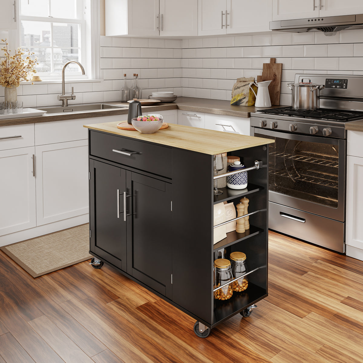 SoBuy FKW133-SCH, Kitchen Island on Wheels with Adjustable Shelf & 3-Tier Side Rack, Black, W99 x D40 x H85cm