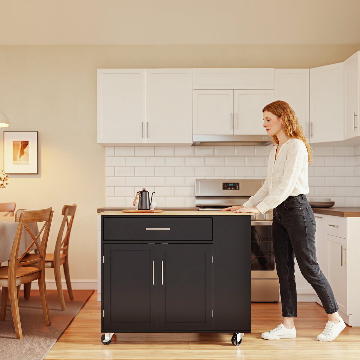 SoBuy FKW133-SCH, Kitchen Island on Wheels with Adjustable Shelf & 3-Tier Side Rack, Black, W99 x D40 x H85cm